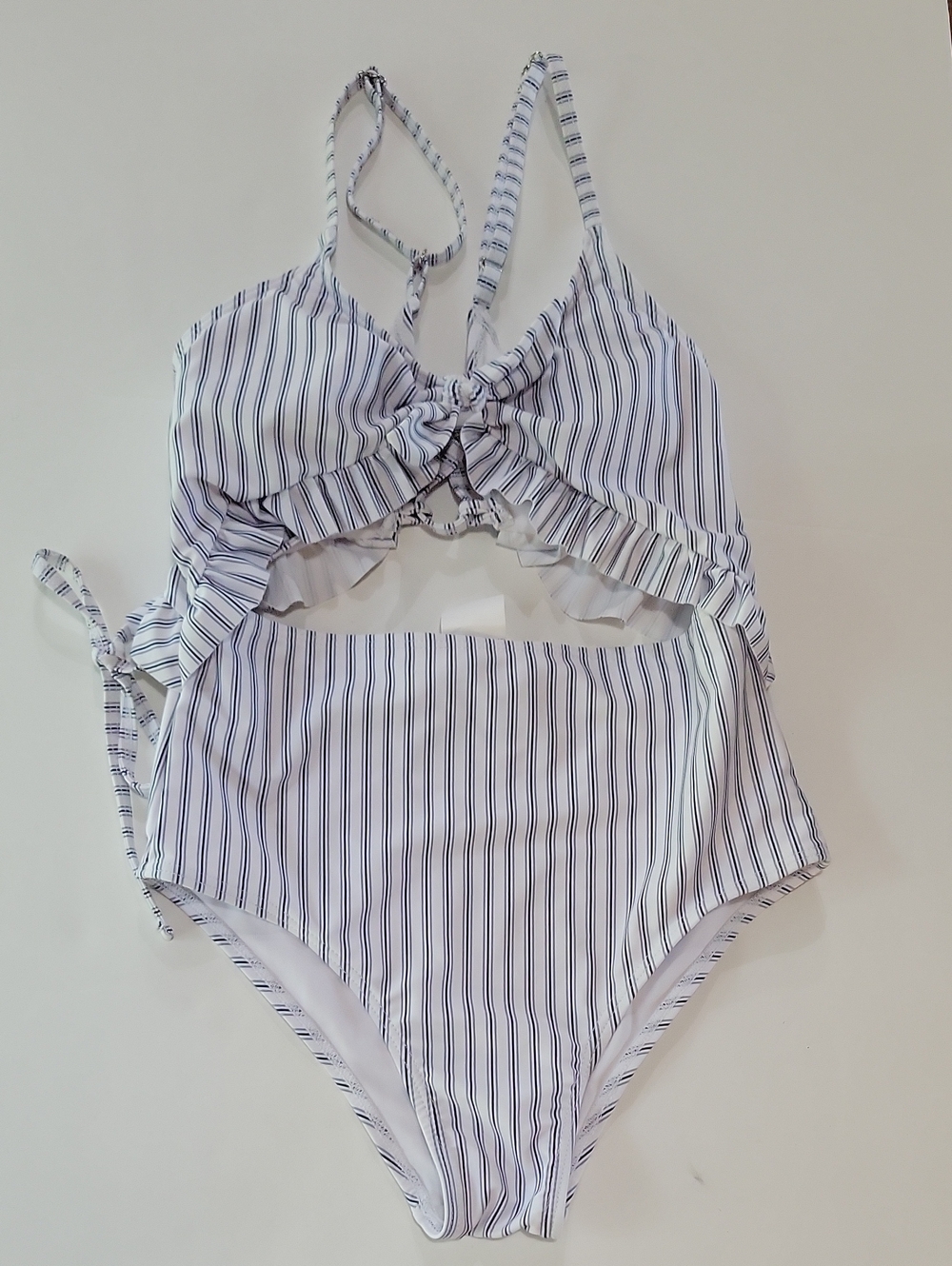 Striped Blue & White Girls One-Piece Swimsuit with Tie Front